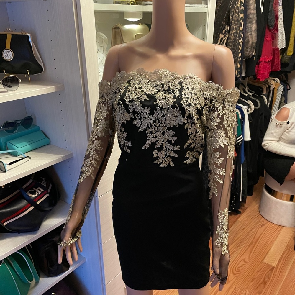 NWOT black & gold midi dress.